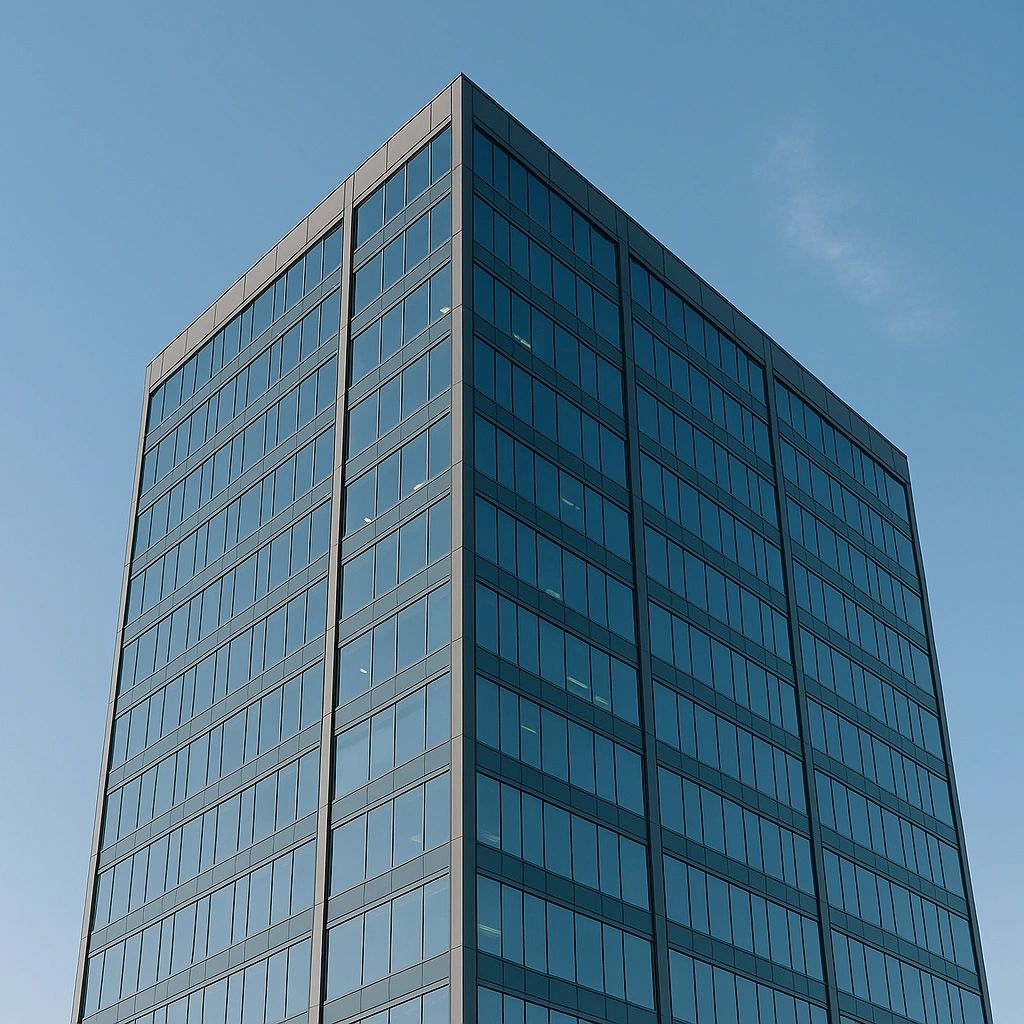 A glass office building.